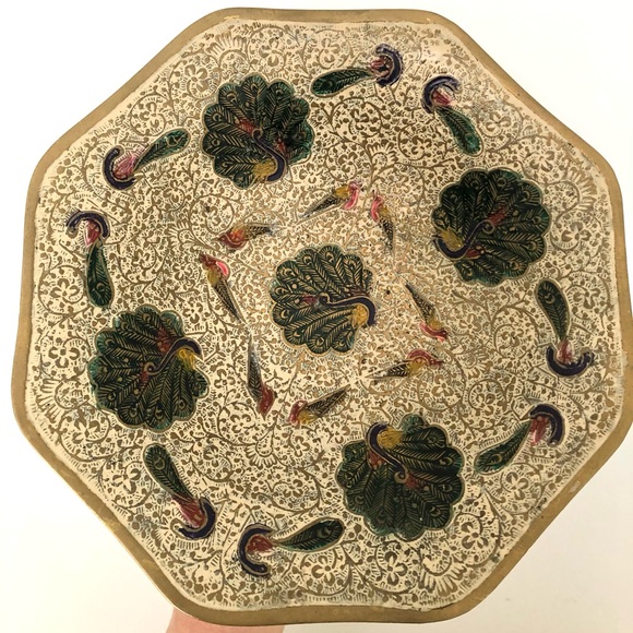 Vintage Brass Pedestal Bowl with Painted Peacock Design - Picture 4 of 6